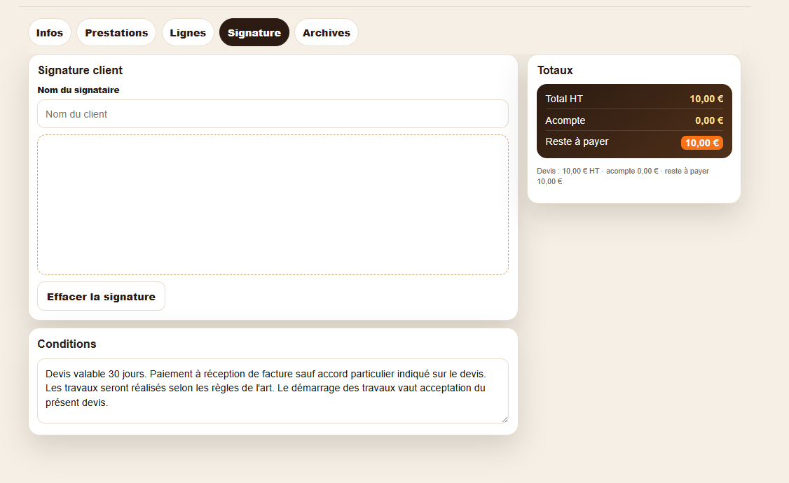 Capture réelle de l’application de devis Belle des couvertures
